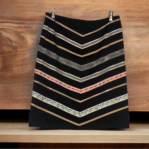 Autograph New York Black Ribbon Chevron Stripe Print Zip Midi Pencil Skirt Sz 10